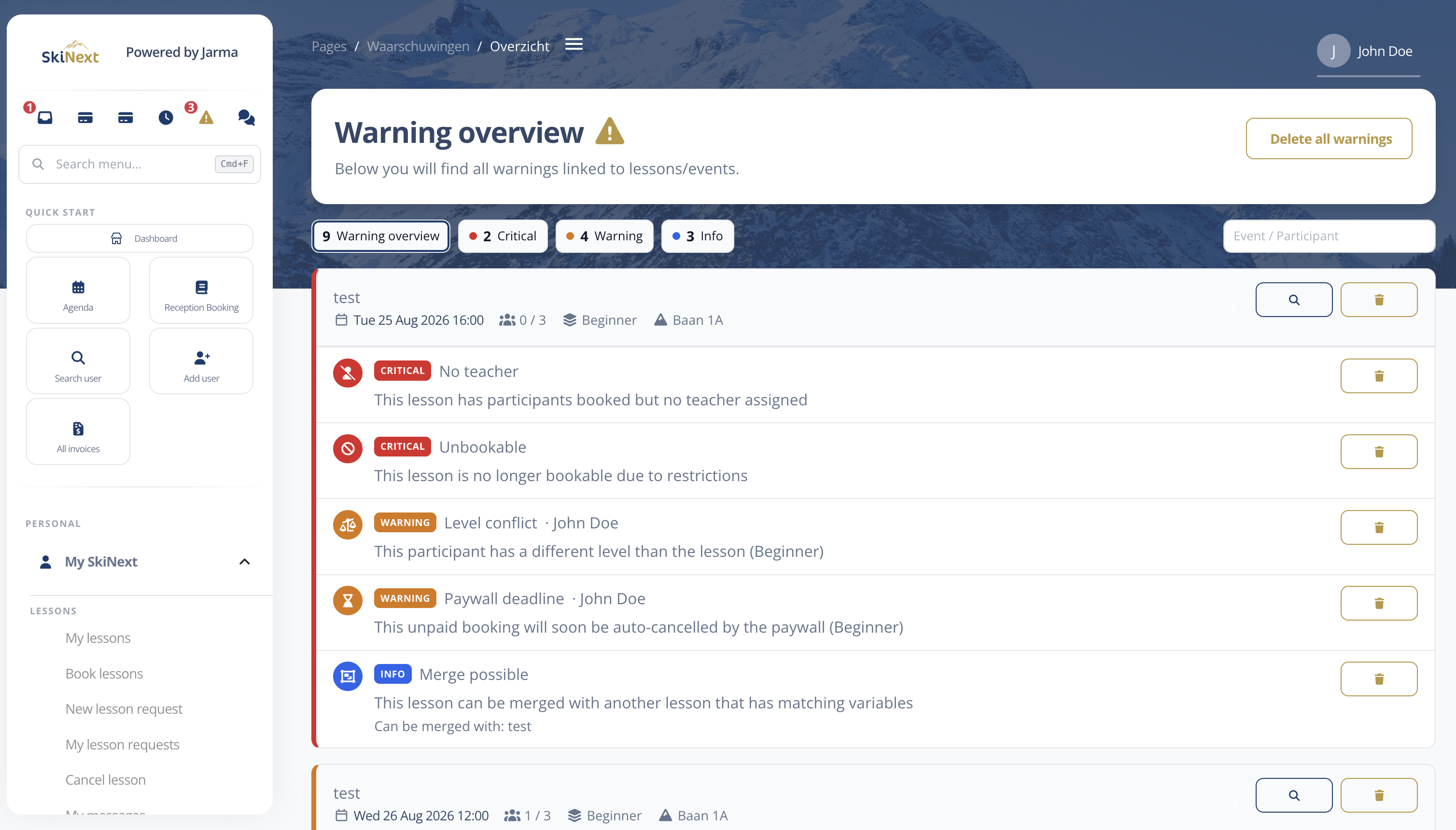 Notify waarschuwingenoverzicht in SkiNext