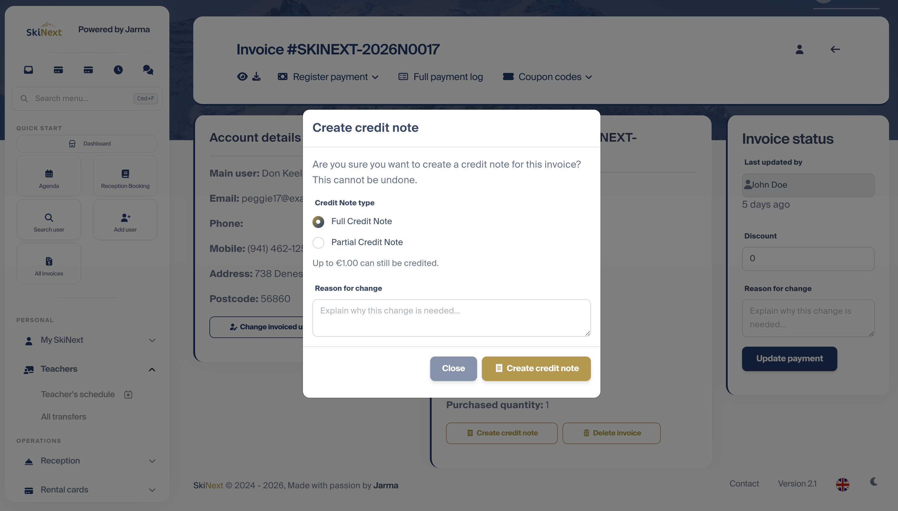 Creditnota aanmaken met Payments Plus in SkiNext