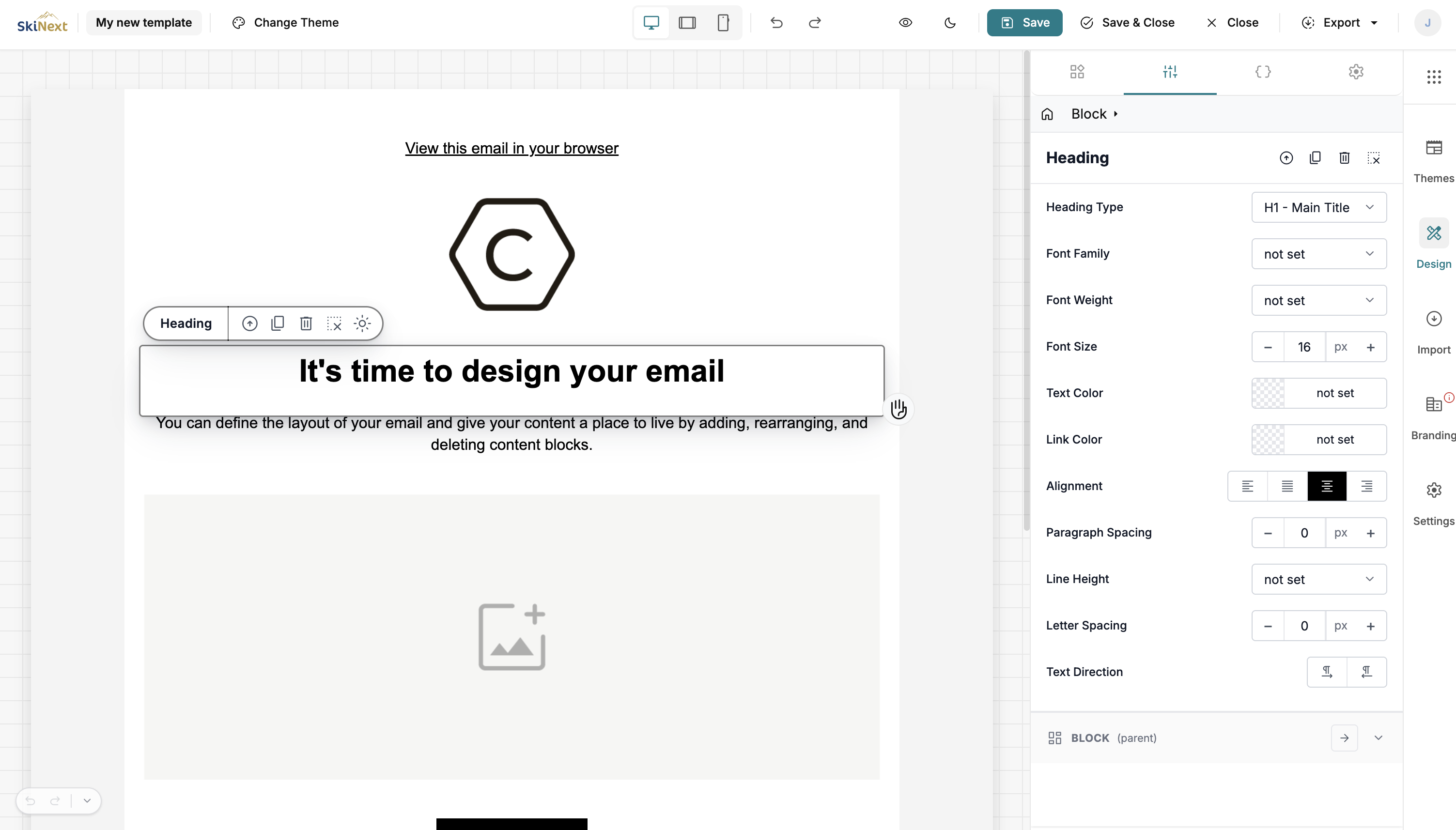 SkiNext Mailing bibliotheek met contentblokken