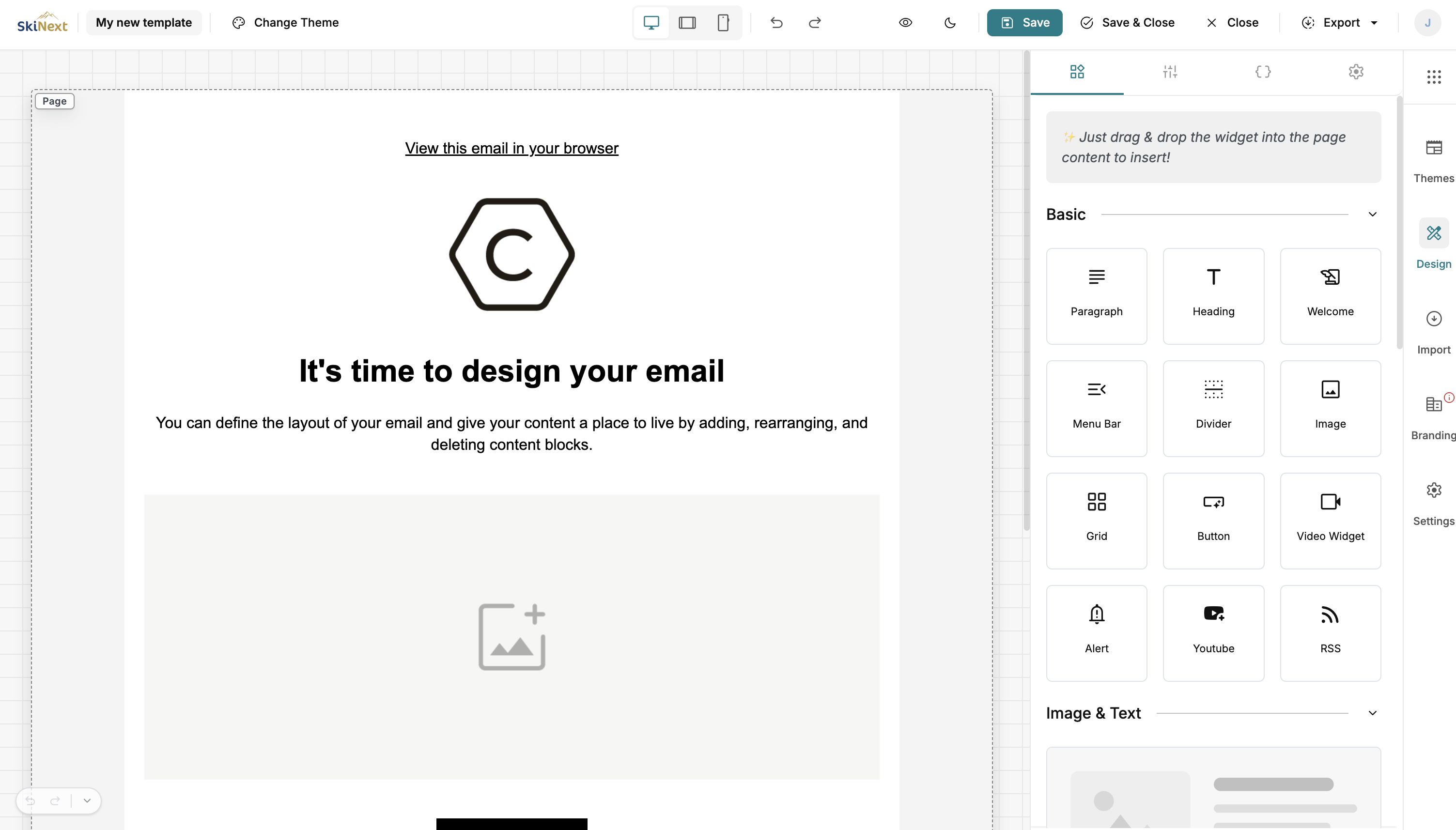 SkiNext Mailing instellingen voor een e-mailblok
