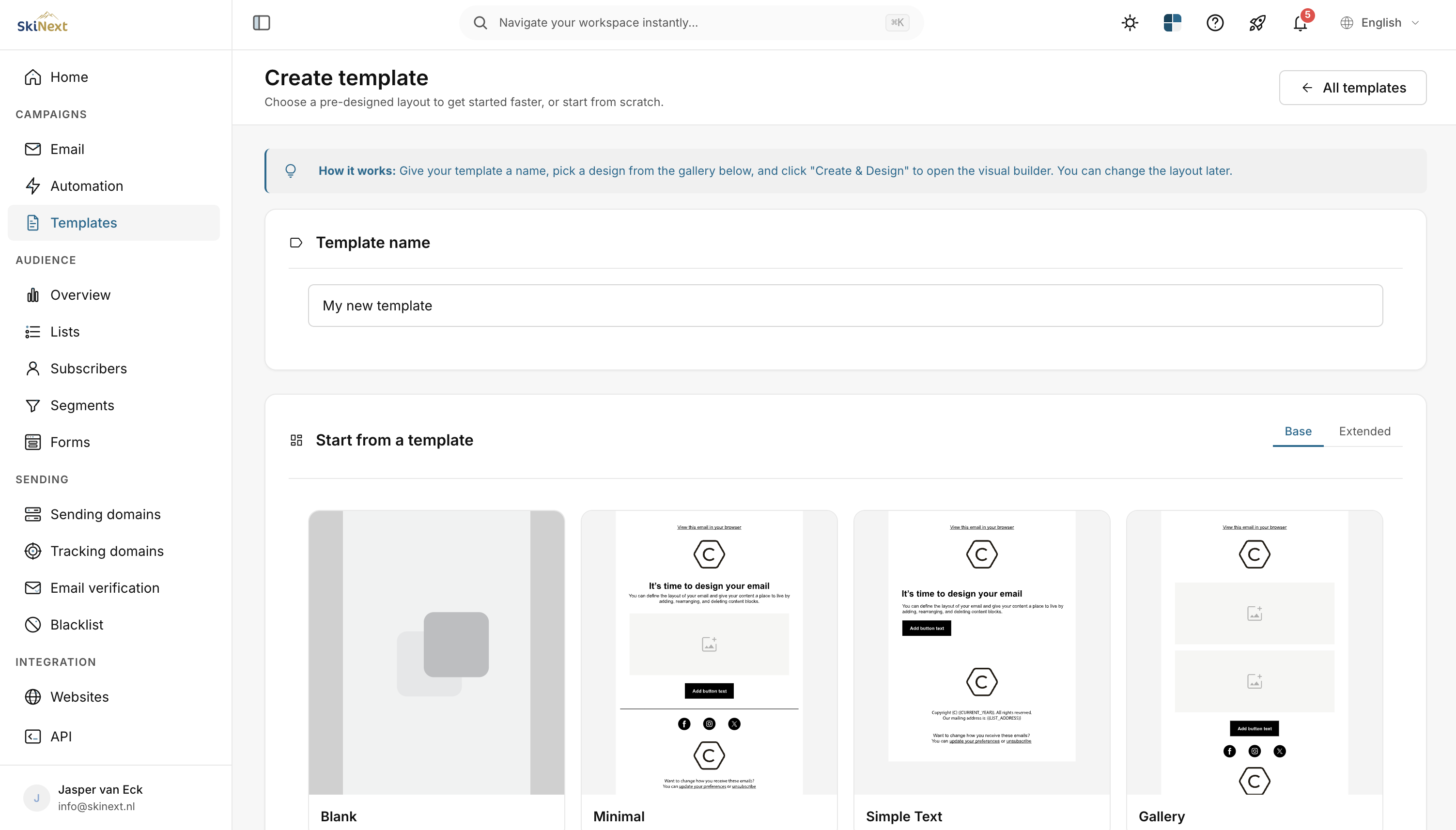 SkiNext Mailing templates overzicht